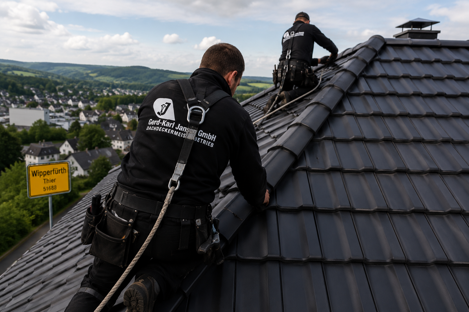 Team der Gerd-Karl Jansen GmbH auf einem Dach in Wipperfürth-Thier